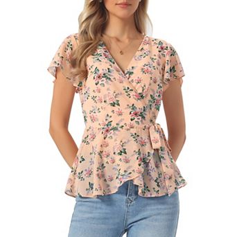 Wrap Tops for Women's Floral Printed V Neck Slit Sleeve Tie Waist Peplum Blouse
