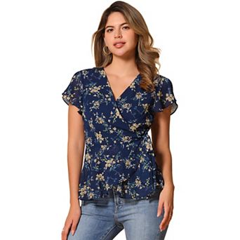 Wrap Tops for Women's Floral Printed V Neck Slit Sleeve Tie Waist Peplum Blouse