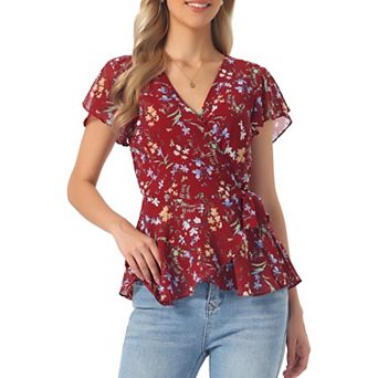 Wrap Tops for Women's Floral Printed V Neck Slit Sleeve Tie Waist Peplum Blouse