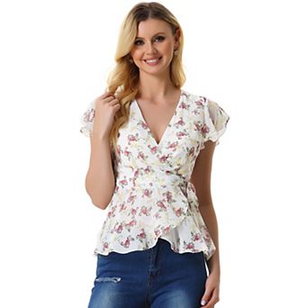 Wrap Tops for Women's Floral Printed V Neck Slit Sleeve Tie Waist Peplum Blouse