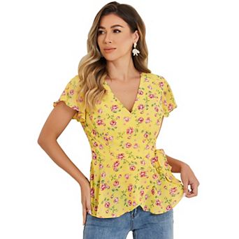 Wrap Tops for Women's Floral Printed V Neck Slit Sleeve Tie Waist Peplum Blouse