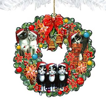 Christmas Friends Kitty Wreath Wooden Christmas Ornament by G. DeBrekht - Pets Dog and Cats Decor