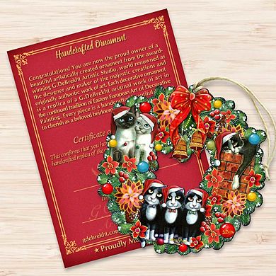 Christmas Friends Kitty Wreath Wooden Ornament by G. DeBrekht - Pets Dog and Cats Decor