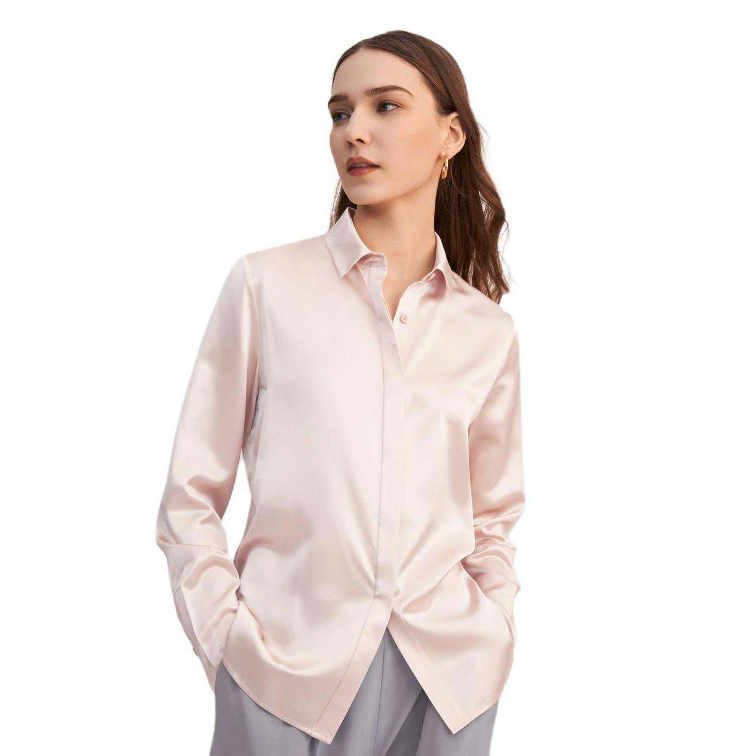 Basic Concealed Placket women Silk Shirt