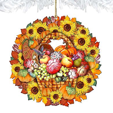 Flower Fall Wreath Wooden Ornament by G. DeBrekht - Thanksgiving Halloween Decor