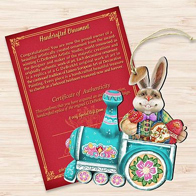 Village Train Ride Bunny Wooden Holiday Ornament by G. DeBrekht - Easter Spring Decor