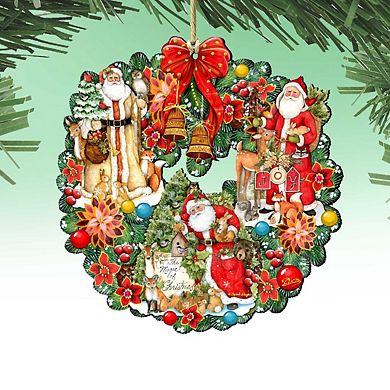 Classic Christmas Santa Wreath Wooden Ornament  G. DeBrekht - Christmas Santa Snowman Decor