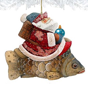 Goldfish Santa Wooden Christmas Ornament by G. DeBrekht - Christmas Santa Snowman Decor