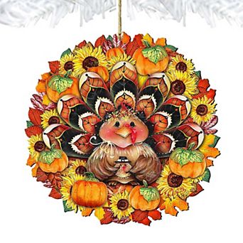 Turkey Wreath Wooden Holiday Ornament by G. DeBrekht - Thanksgiving Halloween Decor