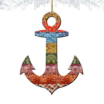 Decorated Anchor Wooden Holiday Ornament by G. DeBrekht - Coastal Holiday Decor