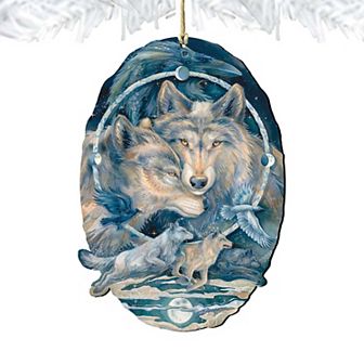 In Spirit I Am Free Wolves Ravens Wooden Holiday Ornament by J. Bergsma - Wildlife Holiday Decor
