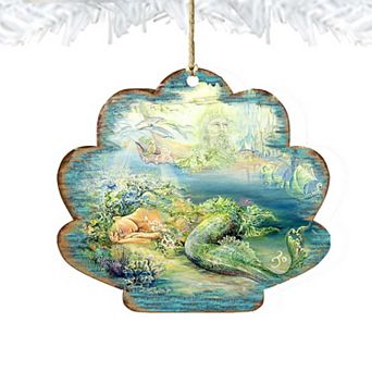 Dreams of Atlantis Wooden Holiday Ornament by Josephine Wall - Coastal Sea-Life Decor