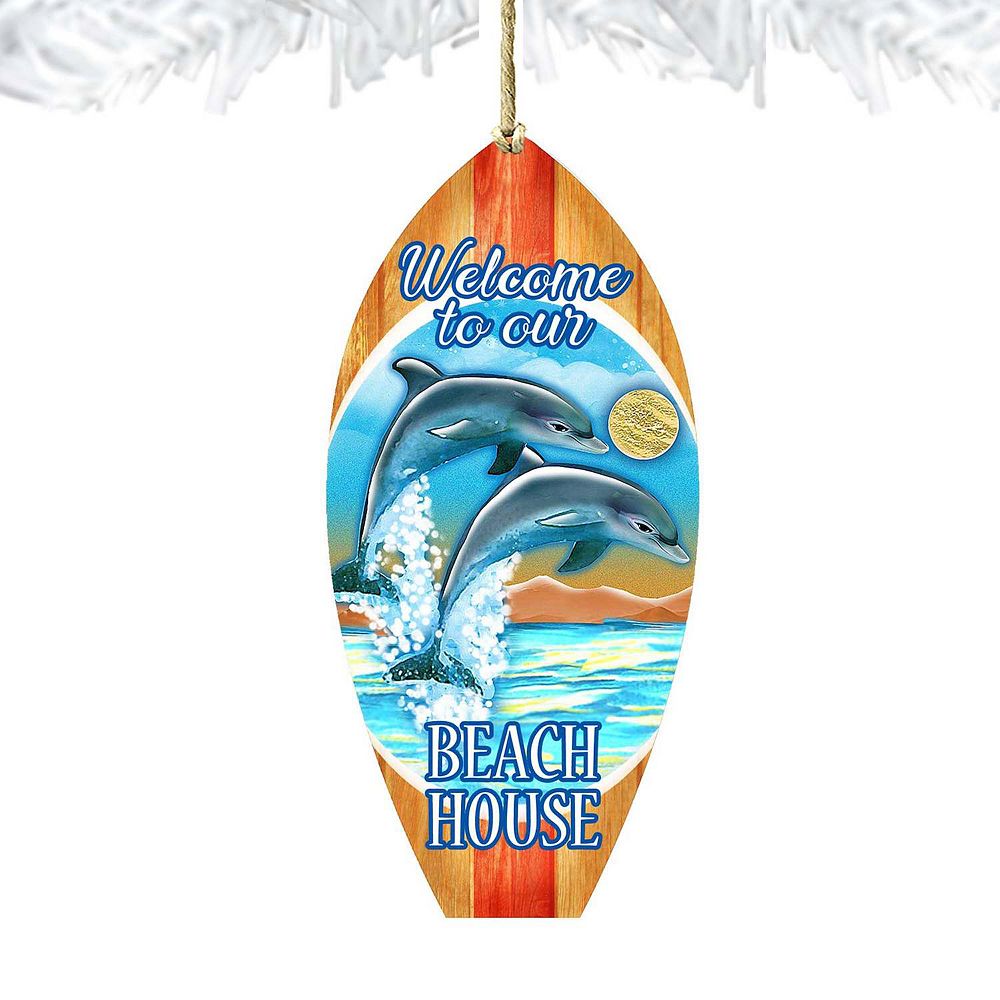 Dolphins Surfboard Wooden Holiday Ornament by G. DeBrekht - Coastal ...