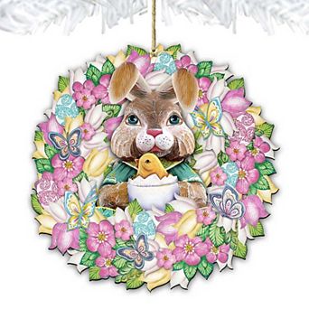 Bunny Wreath Wooden Holiday Ornament Easter by G. DeBrekht - Easter Spring Decor