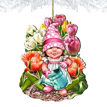 Spring Wreath Blossom Gnome Dwarf Wooden Holiday Ornament by Gelsinger - Easter Spring Decor