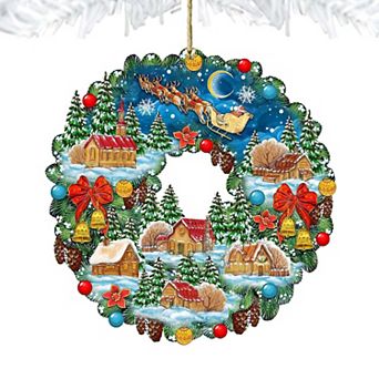 Up Up Wreath Wooden Christmas Ornament by G. DeBrekht - Christmas Santa Snowman Decor