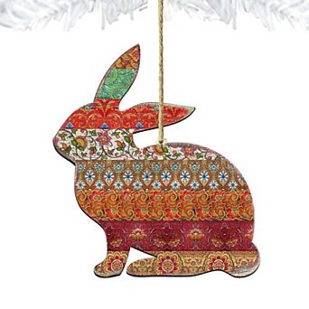 Country Quilted Bunny Wooden Holiday Ornament by G. DeBrekht - Easter Spring Decor