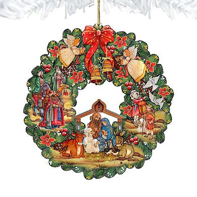 Nativity Wreath Wooden Ornament by G. DeBrekht - Nativity Holiday Decor