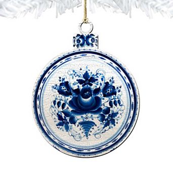 White and Blue Round Wooden Ornament by G. DeBrekht - Christmas Decor