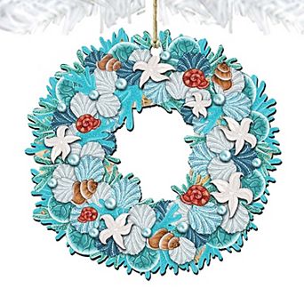 Coastal Wreath Wooden Holiday Ornament by G. DeBrekht - Coastal Holiday Decor