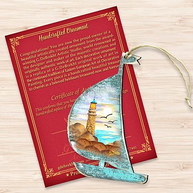 Lighthouse Boat Wooden Ornament by G. DeBrekht - Coastal Holiday Decor