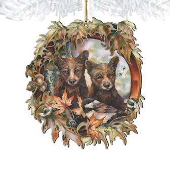 Simple Joys Black Bear Cubs Bees Wooden Holiday Ornament by J. Bergsma - Wildlife Holiday Decor