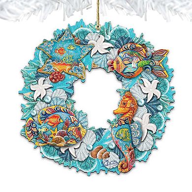 Sea Creatures Wreath Wooden Ornament by G. DeBrekht - Coastal Holiday Decor