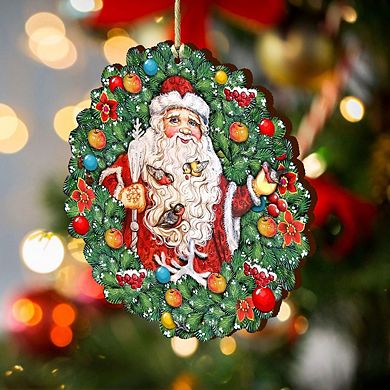 Santa Wreath with Birds Wooden Ornament by G. DeBrekht - Christmas Santa Snowman Decor