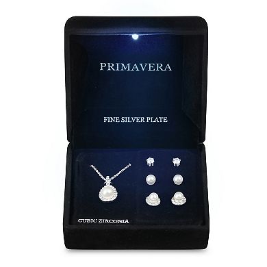 Primavera Silver Plated Simulated Pearl Pave Teardrop Pendant & Earring Trio Set