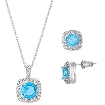 Primavera Silver Plated Aqua Cubic Zirconia Square Pendant & Earring Set