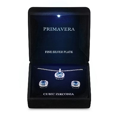 Primavera Silver Plated Aqua Cubic Zirconia Pave Square Pendant & Earring Set