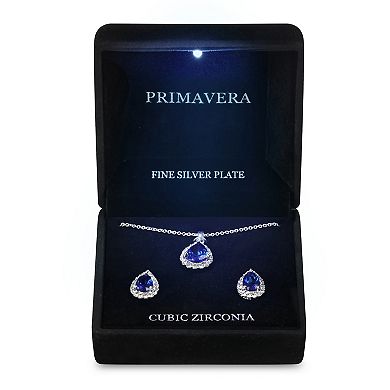 Primavera Silver Plated Blue Cubic Zirconia Pave Teardrop Pendant & Earring Set