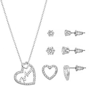 Primavera Silver Plated Cubic Zirconia "Te Amo" Open Pave Heart & Earring Trio Set