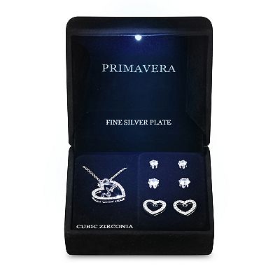 Primavera Silver Plated Cubic Zirconia "Te Amo" Open Pave Heart & Earring Trio Set