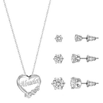Primavera Silver Plated Cubic Zirconia "Abuela" Heart Pendant & Earring Trio Set