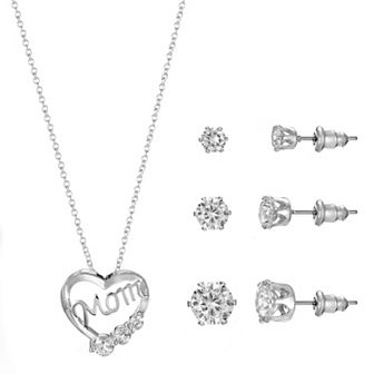 Primavera Silver Plated Cubic Zirconia "Mom" Heart Pendant & Earring Trio Set