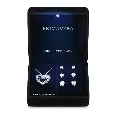 Primavera Silver Plated Cubic Zirconia "Mom" Heart Pendant & Earring Trio Set