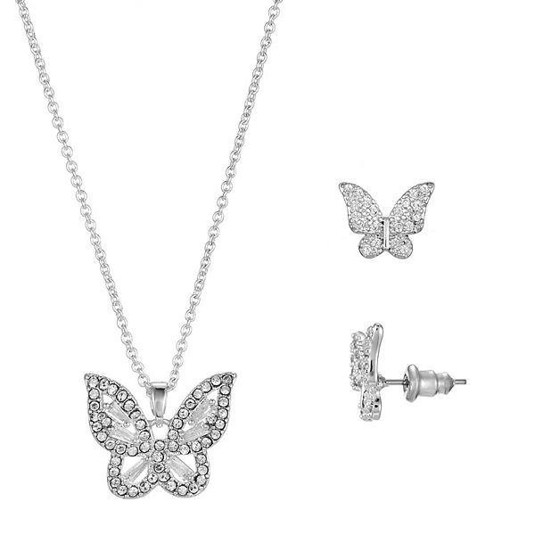 Primavera Silver Plated Cubic Zirconia Butterfly Pendant & Earring Set
