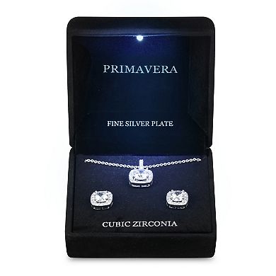 Primavera Silver Plated Cubic Zirconia Pave Square Pendant & Earring Set