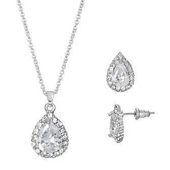 Primavera Silver Plated Cubic Zirconia Pave Teardrop Pendant & Earring Set