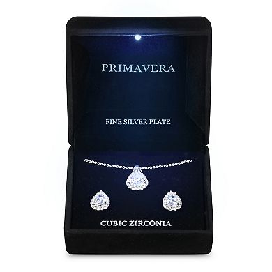 Primavera Silver Plated Cubic Zirconia Pave Teardrop Pendant & Earring Set
