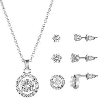 Primavera Silver Plated Cubic Zirconia Halo Pendant & Earring Trio Set