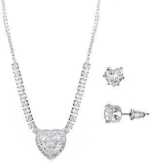 Primavera Silver Plated Cubic Zirconia Heart Statement Pendant & Earring Set