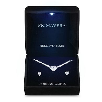 Primavera Silver Plated Cubic Zirconia Heart Statement Pendant & Earring Set