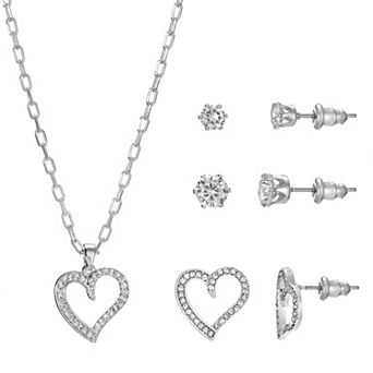 Primavera Fine Silver Plated Cubic Zirconia Open Heart Pendant and 3 pc Earring Set