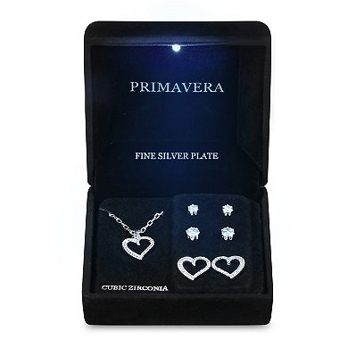 Primavera Fine Silver Plated Cubic Zirconia Open Heart Pendant and 3-pc. Earring Set
