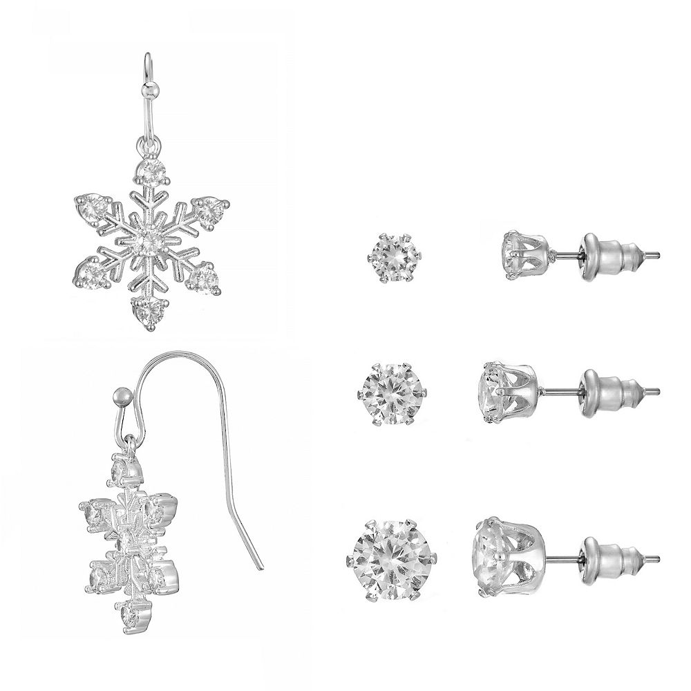 Primavera Silver Plated Cubic Zirconia Snowflake Four Piece Earring Set