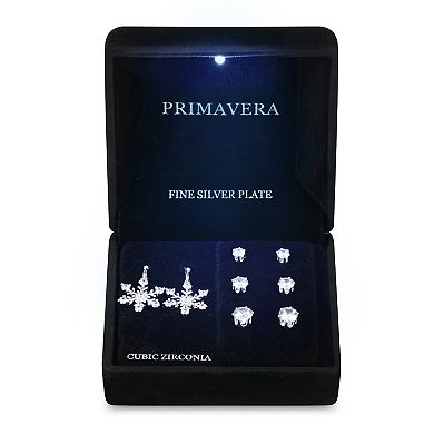 Primavera Silver Plated Cubic Zirconia Snowflake Four Piece Earring Set