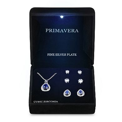 Primavera Silver Plated Blue Cubic Zirconia Teardrop Halo Pendant & Earring Trio Set