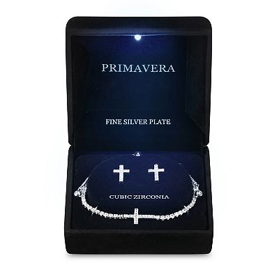 Primavera Silver Plated Cubic Zirconia Sideways Cross Adjustable Bracelet & Stud Earring Set